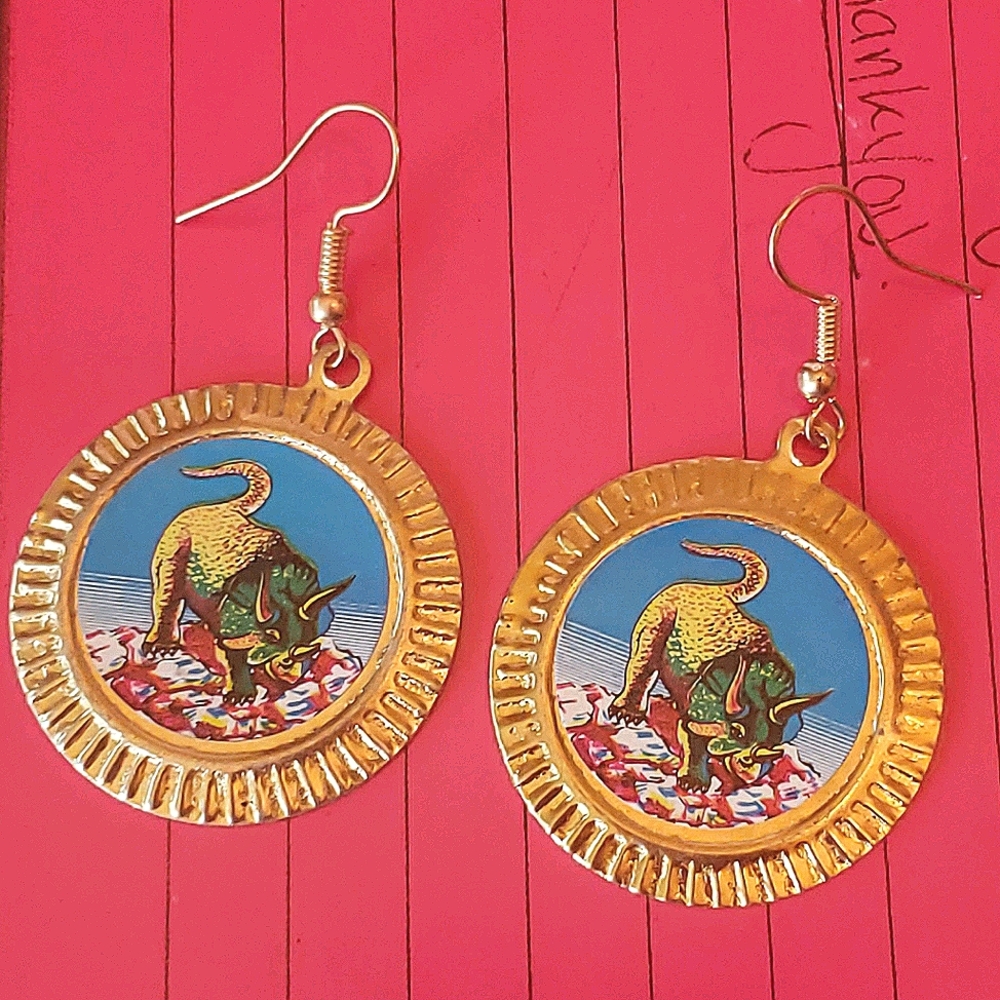Vintage Dinosaur Dangle Earrings Weird Stuff EUC